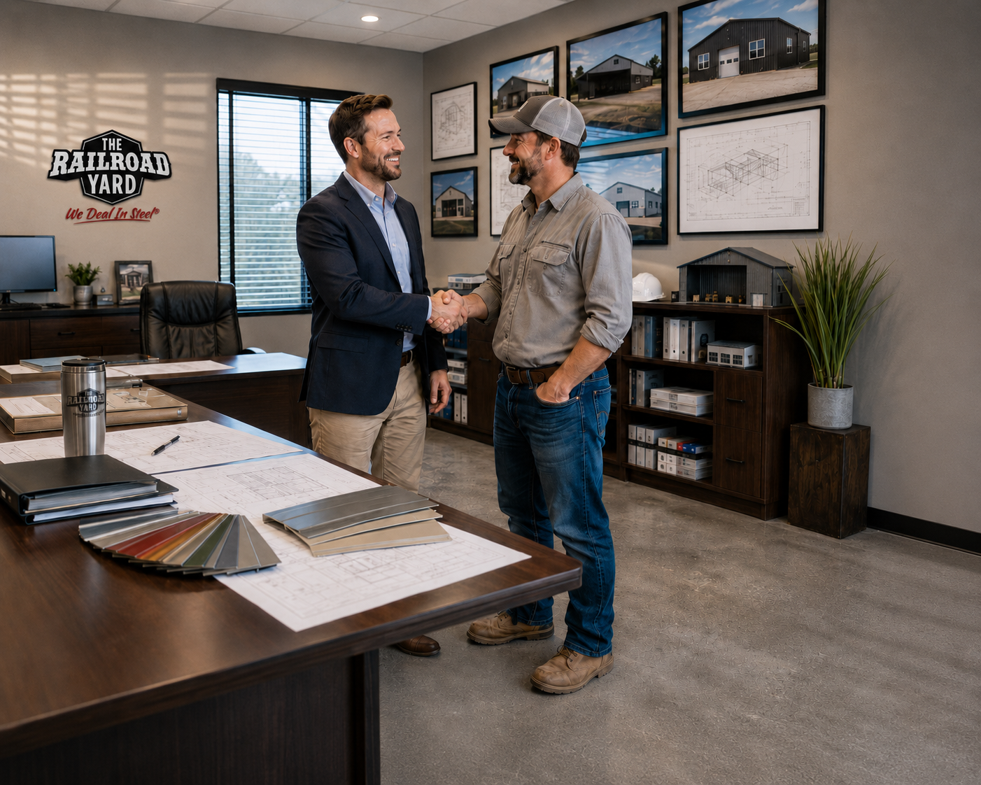 Business handshake in architectural showroom